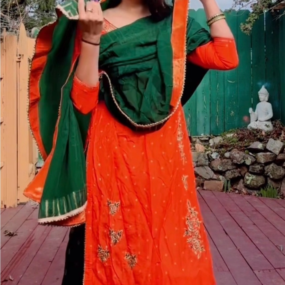 Elegant Orange and Green Embroidered Wedding Dress